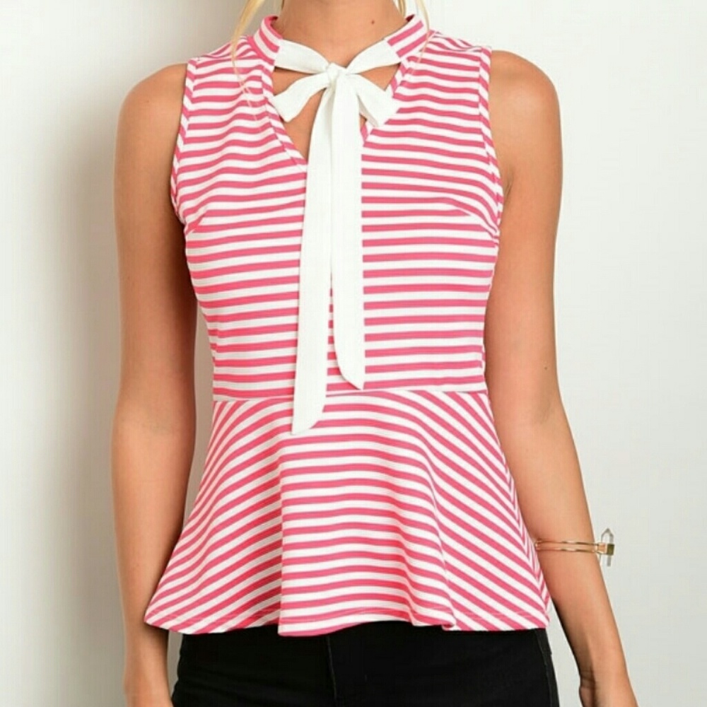 Pink/White Striped Tie Neck Peplum Top - Picture 1 of 3